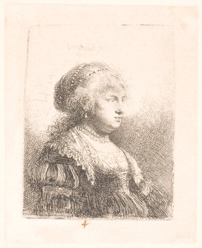 Rembrandtin vaimo Saskia, helmiä hiuksissaan, rintakuva tekijältä Rembrandt van Rijn
