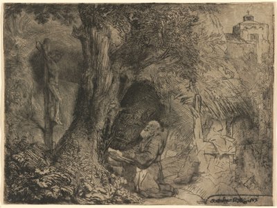Pyhä Franciscus puun alla rukoilemassa tekijältä Rembrandt van Rijn