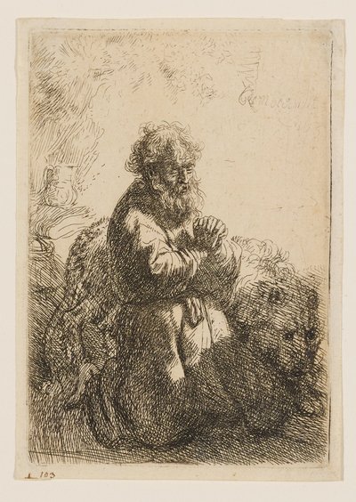 Pyhä Hieronymus polvistuneena rukoilemassa, katse alaspäin tekijältä Rembrandt van Rijn