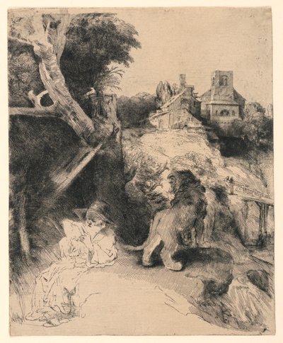 Pyhä Jerome lukemassa italialaisessa maisemassa tekijältä Rembrandt van Rijn