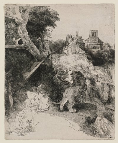 Pyhä Hieronymus lukemassa italialaisessa maisemassa tekijältä Rembrandt van Rijn