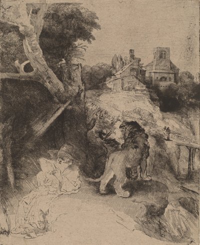 Pyhä Jerome lukemassa italialaisessa maisemassa, n. 1653. tekijältä Rembrandt van Rijn
