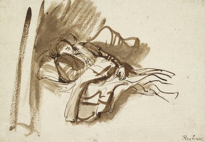 Saskia nukkuu sängyssä (kynä ja ruskea muste) tekijältä Rembrandt van Rijn