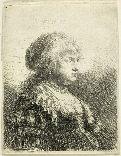 Saskia helmiä hiuksissaan tekijältä Rembrandt van Rijn