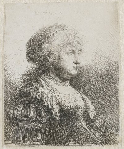 Saskia helmiä hiuksissaan tekijältä Rembrandt van Rijn