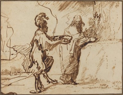 Saatana houkuttelee Kristusta muuttamaan kivet leipäksi tekijältä Rembrandt van Rijn