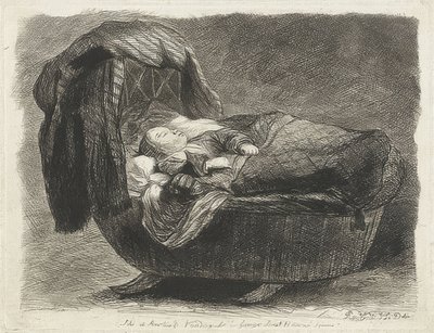 Nukkuva lapsi kehdossa (Slapend child in een wieg) tekijältä Rembrandt van Rijn