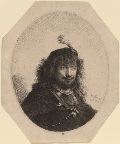 Omakuva (?) umpinaisella lippalla ja alhaalla miekalla tekijältä Rembrandt van Rijn