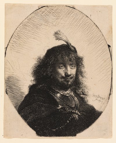 Omakuva (?) umpinaisella lippalla ja alhaalla miekalla tekijältä Rembrandt van Rijn