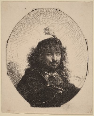 Omakuva () höyhenkoristellulla lakkilla ja lasketulla sapelilla tekijältä Rembrandt van Rijn