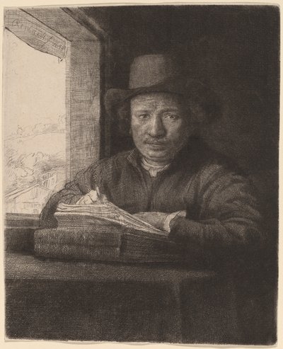 Omakuva piirustus ikkunassa tekijältä Rembrandt van Rijn