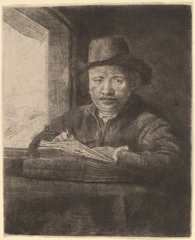 Omakuva piirustus ikkunassa tekijältä Rembrandt van Rijn