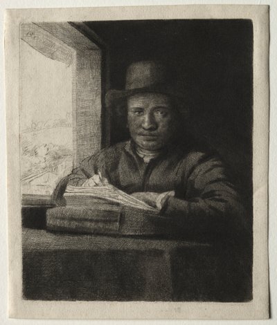 Omakuva piirustus ikkunassa tekijältä Rembrandt van Rijn