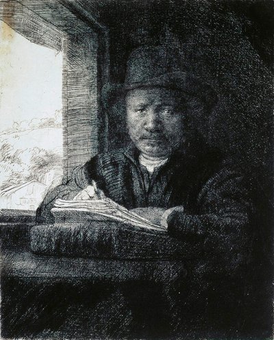 Omakuva piirustus ikkunasta, 1648. tekijältä Rembrandt van Rijn