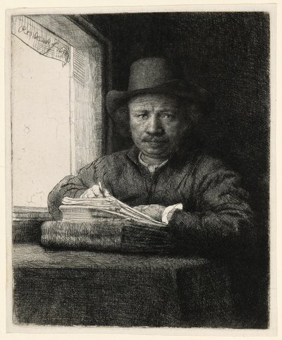 Omakuva etsaus ikkunassa tekijältä Rembrandt van Rijn