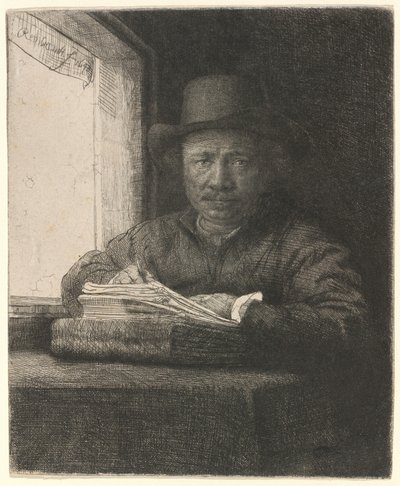 Omakuva: Etsaus ikkunan ääressä tekijältä Rembrandt van Rijn