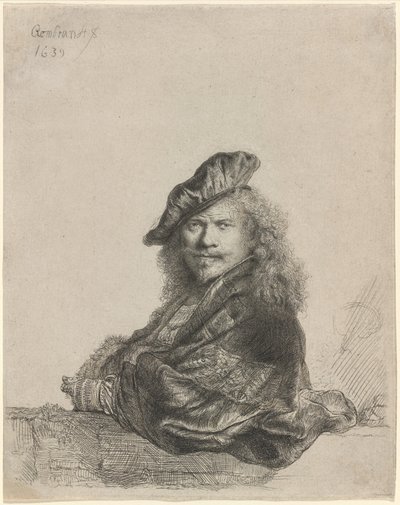 Omakuva kivikynnykselle nojaten tekijältä Rembrandt van Rijn