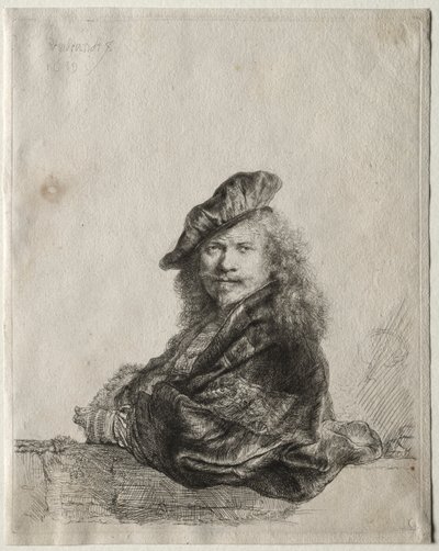 Omakuva kivikynnykselle nojaten tekijältä Rembrandt van Rijn