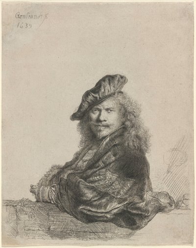 Omakuva, jossa henkilö nojaa kiviseen ikkunalaudalle tekijältä Rembrandt van Rijn