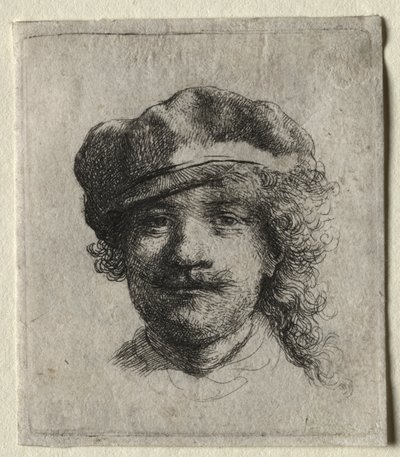 Omakuva pehmeä lippalakki päällä: koko kasvot, vain pää tekijältä Rembrandt van Rijn