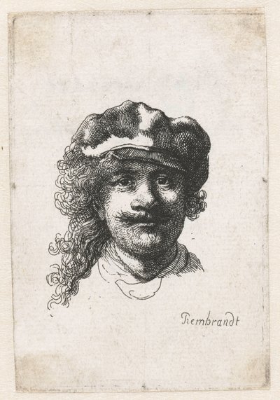 Omakuva pehmeä lippalakki päällä: koko kasvot, vain pää, c. 1635. tekijältä Rembrandt van Rijn