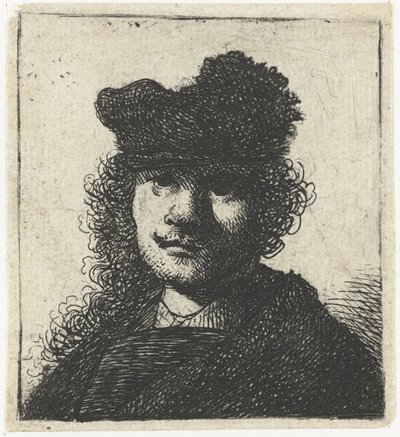 Omakuva lippiksessä ja tummassa viitassa: rintakuva, n. 1631. tekijältä Rembrandt van Rijn