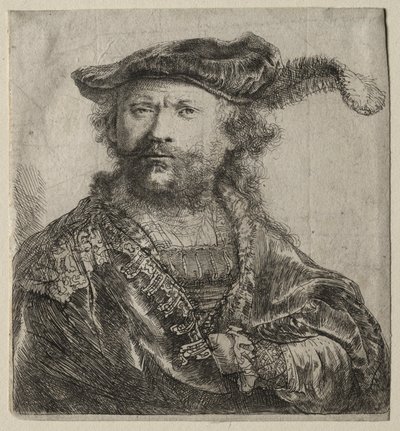 Omakuva samettilipsissä, jossa on plume, 1638. tekijältä Rembrandt van Rijn