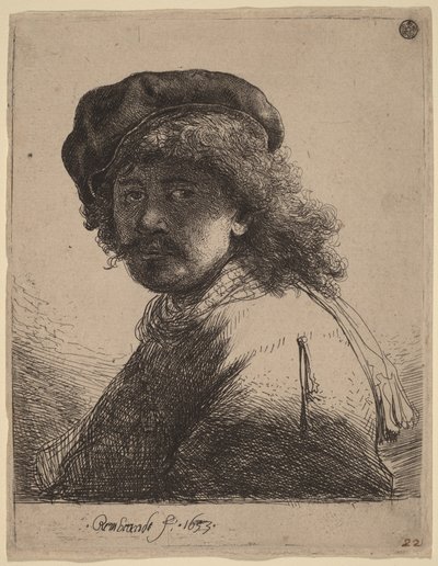 Omakuva, jossa on lippalakki ja huivi ja kasvojen alue on tummennettu tekijältä Rembrandt van Rijn