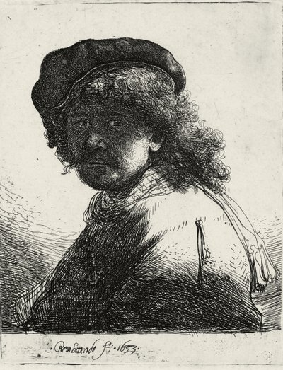 Omakuva lippiksessä ja huivissa ja tummat kasvot, 1633 tekijältä Rembrandt van Rijn
