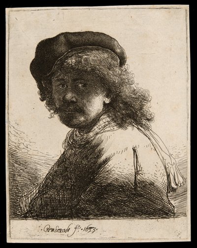 Omakuva lippiksessä ja huivissa, jossa kasvot tumma: rintakuva tekijältä Rembrandt van Rijn