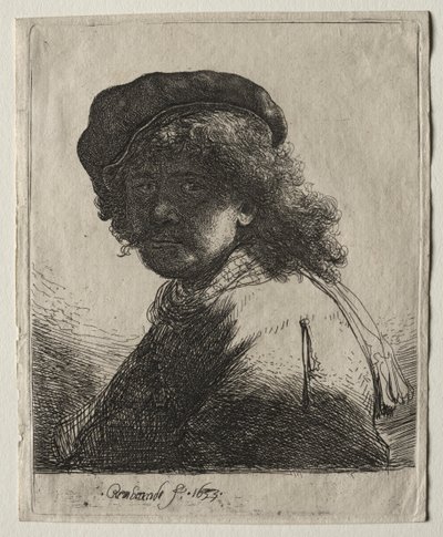 Omakuva lippiksessä ja huivissa, jossa kasvot tumma: rintakuva tekijältä Rembrandt van Rijn