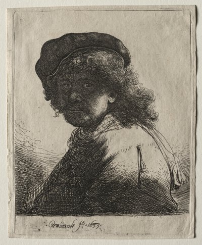 Omakuva lippiksessä ja huivissa tummilla kasvoilla: rintakuva, 1633. tekijältä Rembrandt van Rijn