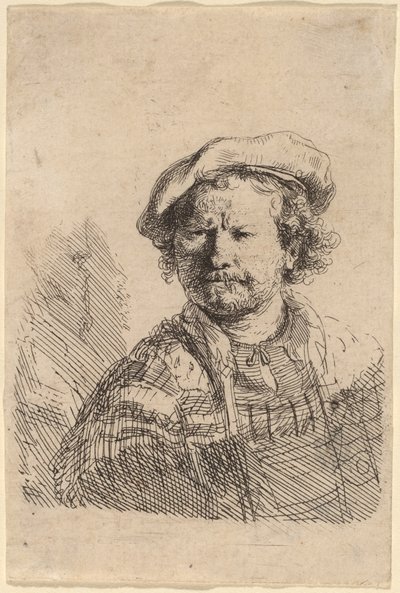 Omakuva litteässä lippiksessä ja brodeeratussa mekossa tekijältä Rembrandt van Rijn