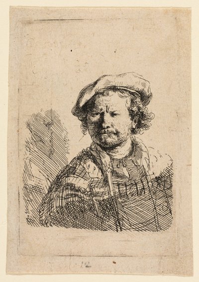 Omakuva litteässä lippiksessä ja kirjailtussa mekossa tekijältä Rembrandt van Rijn