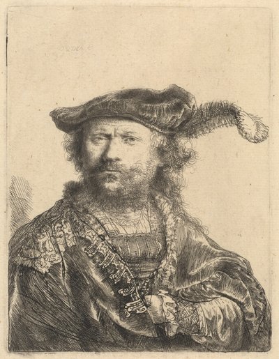 Omakuva samettilipsissä, jossa on plume tekijältä Rembrandt van Rijn