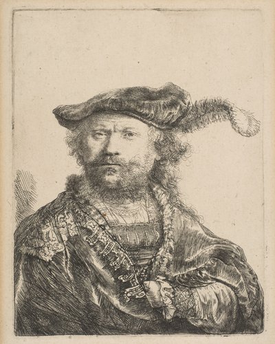 Omakuva samettilakissa, jossa on plume, 1638. tekijältä Rembrandt van Rijn