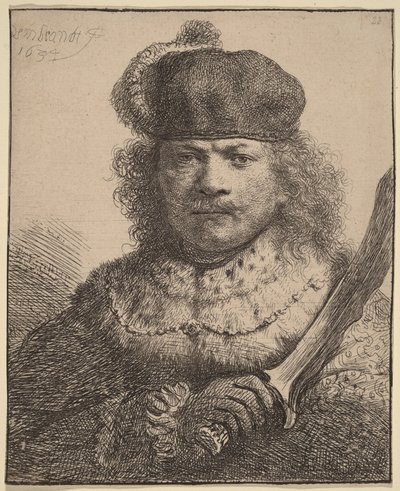Omakuva, jossa on kohotettu miekka tekijältä Rembrandt van Rijn