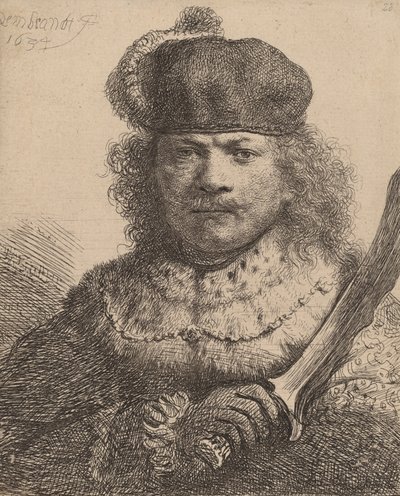 Omakuva kohotetulla miekalla, 1634. tekijältä Rembrandt van Rijn