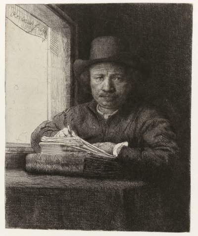 Autoretrat, aiguafort a una finestra Autoretrat gravat a una finestra tekijältä Rembrandt van Rijn