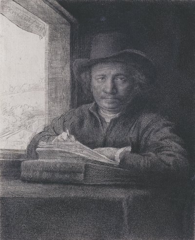 Omakuva, Etsaus ikkunassa, 1648 (etsaus ja kaiverrus ladattuun paperiin) tekijältä Rembrandt van Rijn