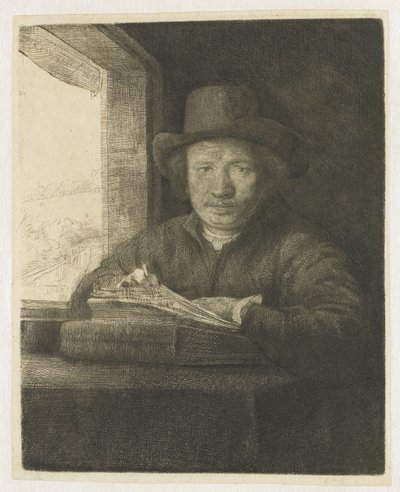 Omakuva etsaus ikkunassa tekijältä Rembrandt van Rijn