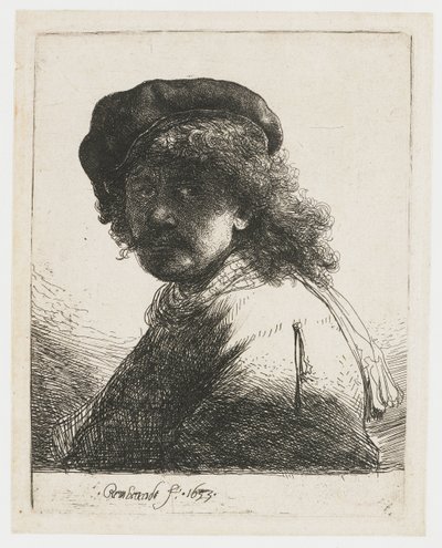 Omakuva lippiksessä ja huivissa Omakuva lippassa ja huivissa, kasvot tummat: rintakuva tekijältä Rembrandt van Rijn