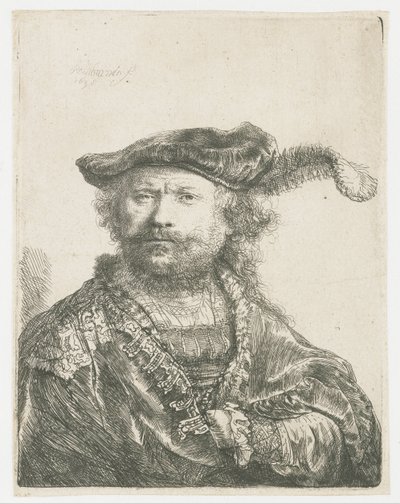 Omakuva samettilakissa, jossa on plume Omakuva samettilakissa, jossa on täpliä tekijältä Rembrandt van Rijn