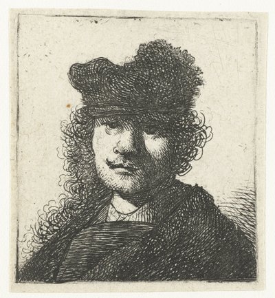 Omakuva lippiksessä ja tummassa viitassa: rintakuva tekijältä Rembrandt van Rijn