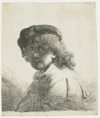 Omakuva lippassa ja huivissa, kasvot tummat: rintakuva tekijältä Rembrandt van Rijn