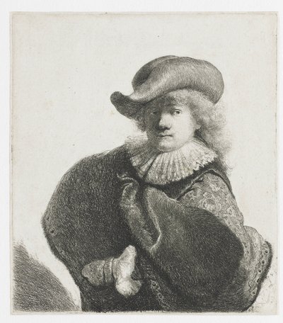 Omakuva pehmeässä hatussa ja kuviollisessa viitassa tekijältä Rembrandt van Rijn