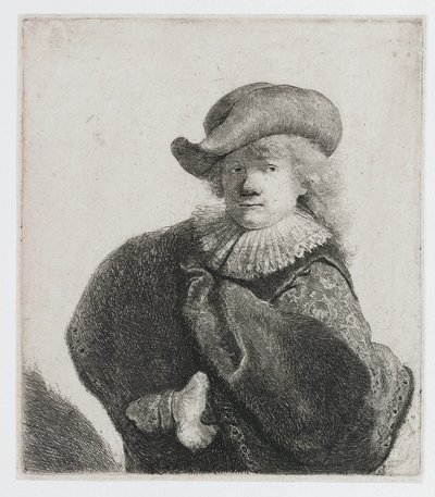 Omakuva, jossa on pehmeä hattu ja kuviollinen viitta tekijältä Rembrandt van Rijn