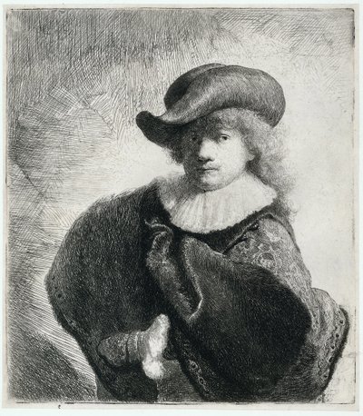 Omakuva pehmeässä hatussa ja kirjailtu viitta, 1631. tekijältä Rembrandt van Rijn