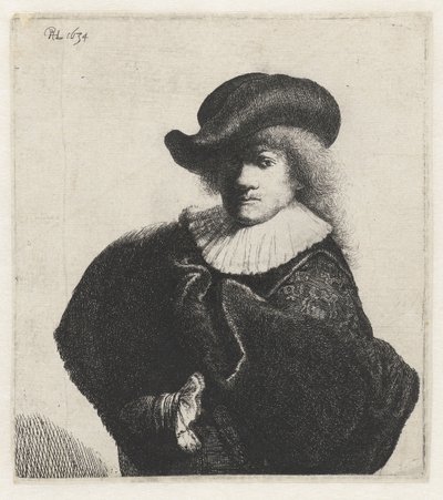 Omakuva pehmeässä hatussa ja kirjailtu viitta, 1634. tekijältä Rembrandt van Rijn