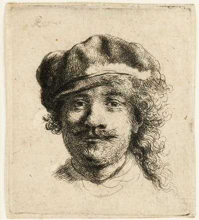 Omakuva pehmeällä lippalla: koko kasvot, vain pää, n. 1634. tekijältä Rembrandt van Rijn